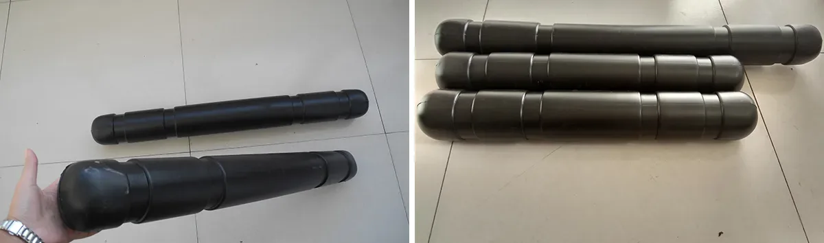 Black cylindrical float components for oyster bag systems