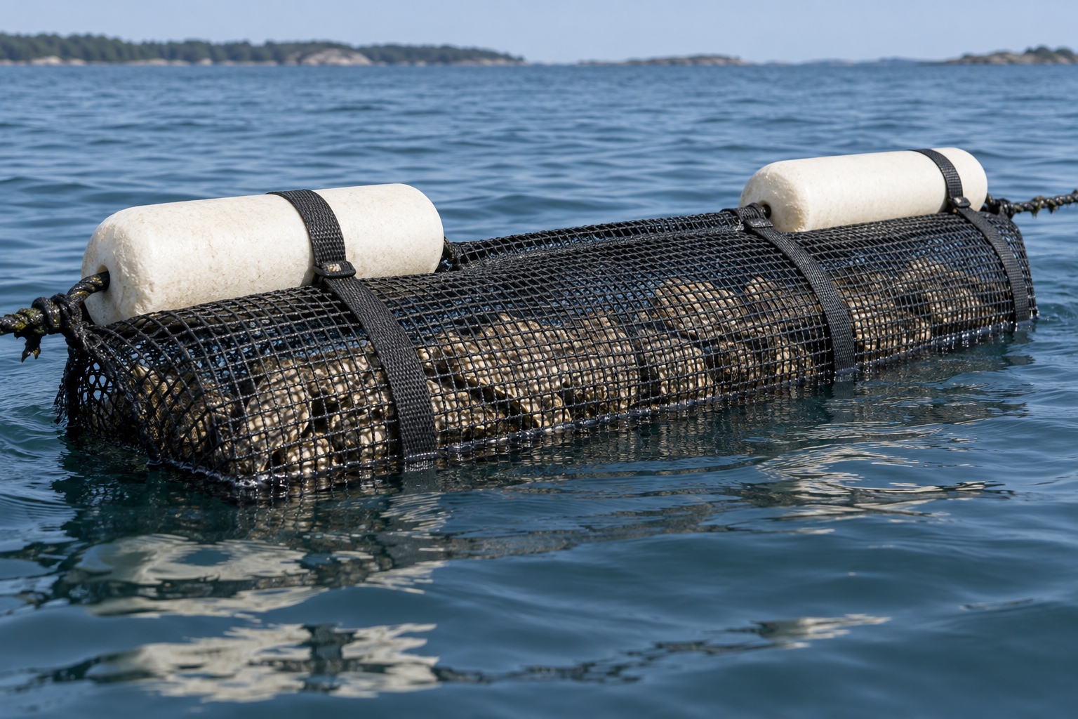 Illustrative floating oyster mesh bag with foam floats