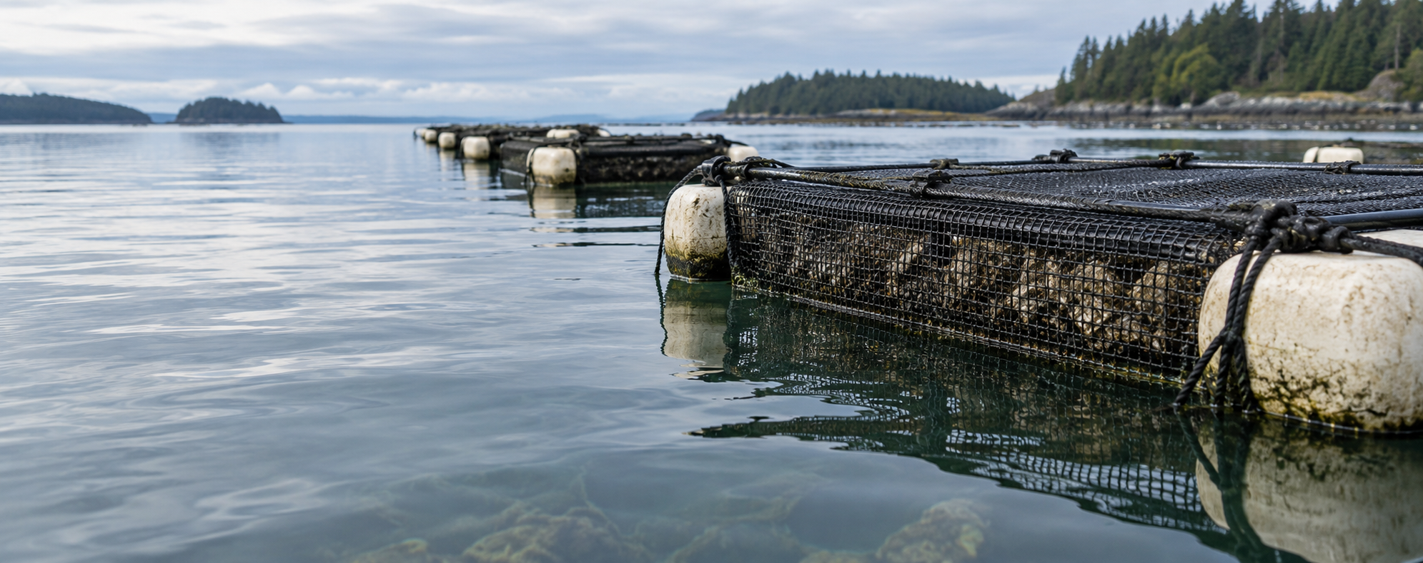 Illustrative oyster aquaculture bags in a calm coastal farm setting